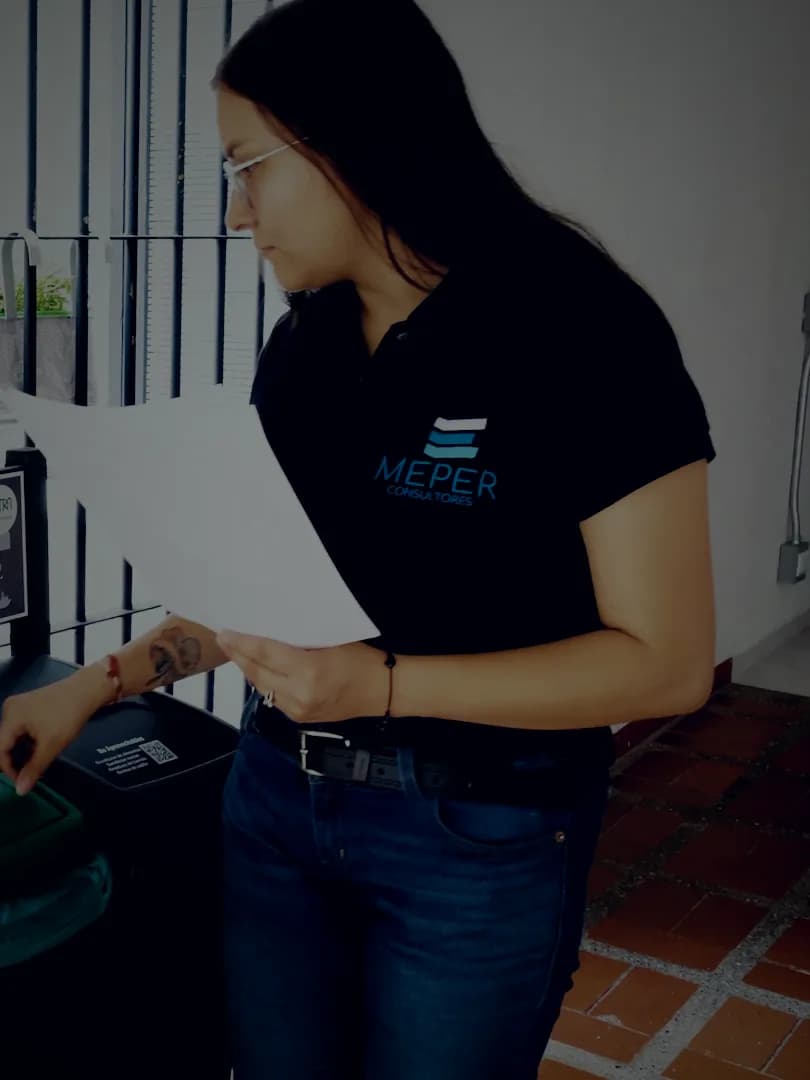 Asesora de MEPER revisando un documento de cumplimiento junto a una estación señalizada