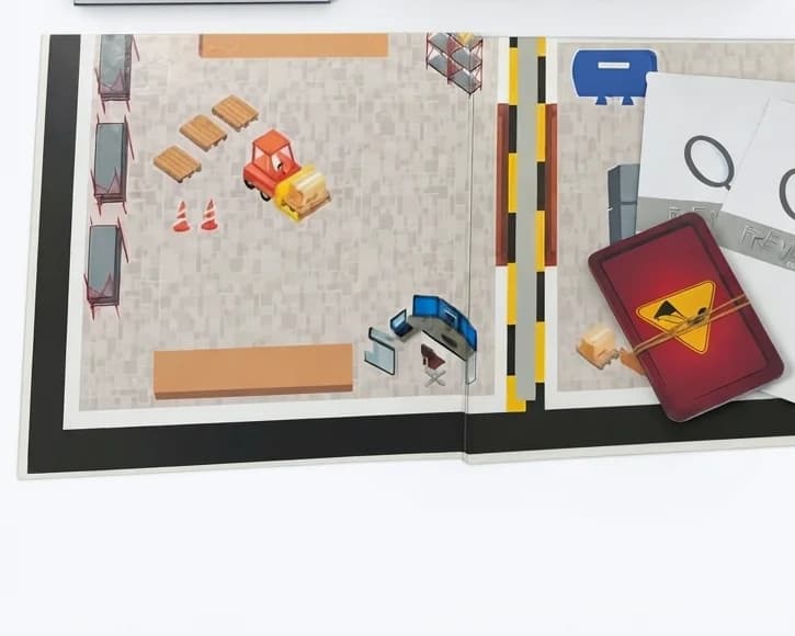Tablero con el plano de una bodega, un montacargas, estibas y conos