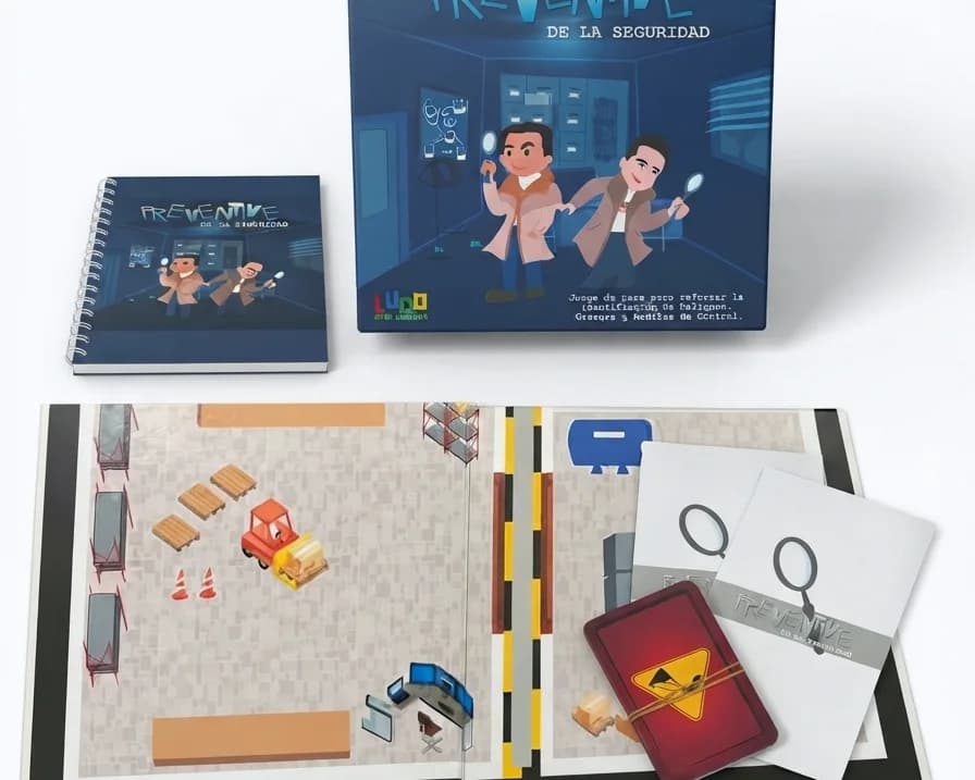 Tablero con el plano de una oficina y bodega, tarjetas de peligro y lupas