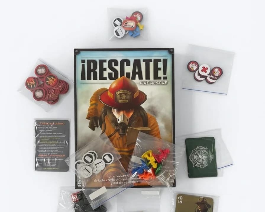 Caja del juego cooperativo de rescate rodeada de fichas, cartas y vehículos
