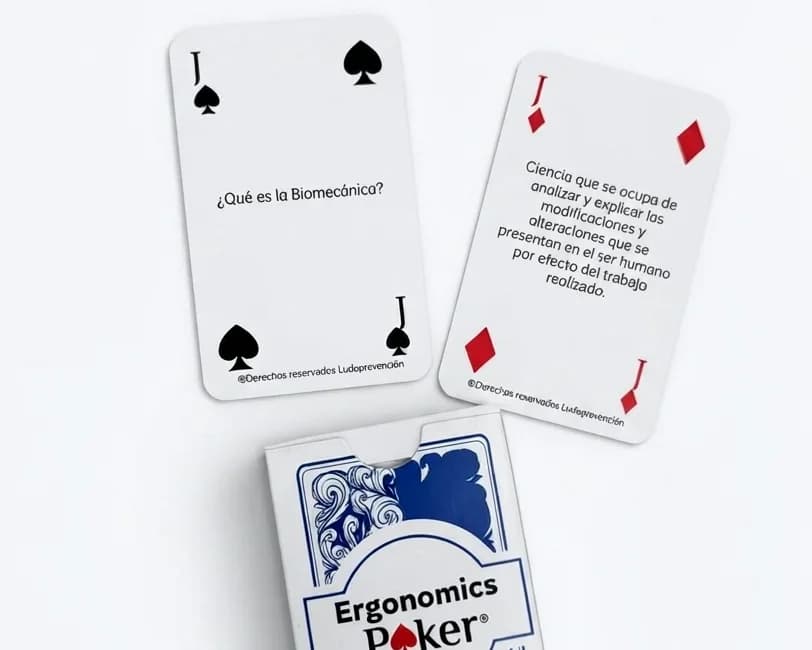 Cartas de póker con preguntas sobre biomecánica y ergonomía
